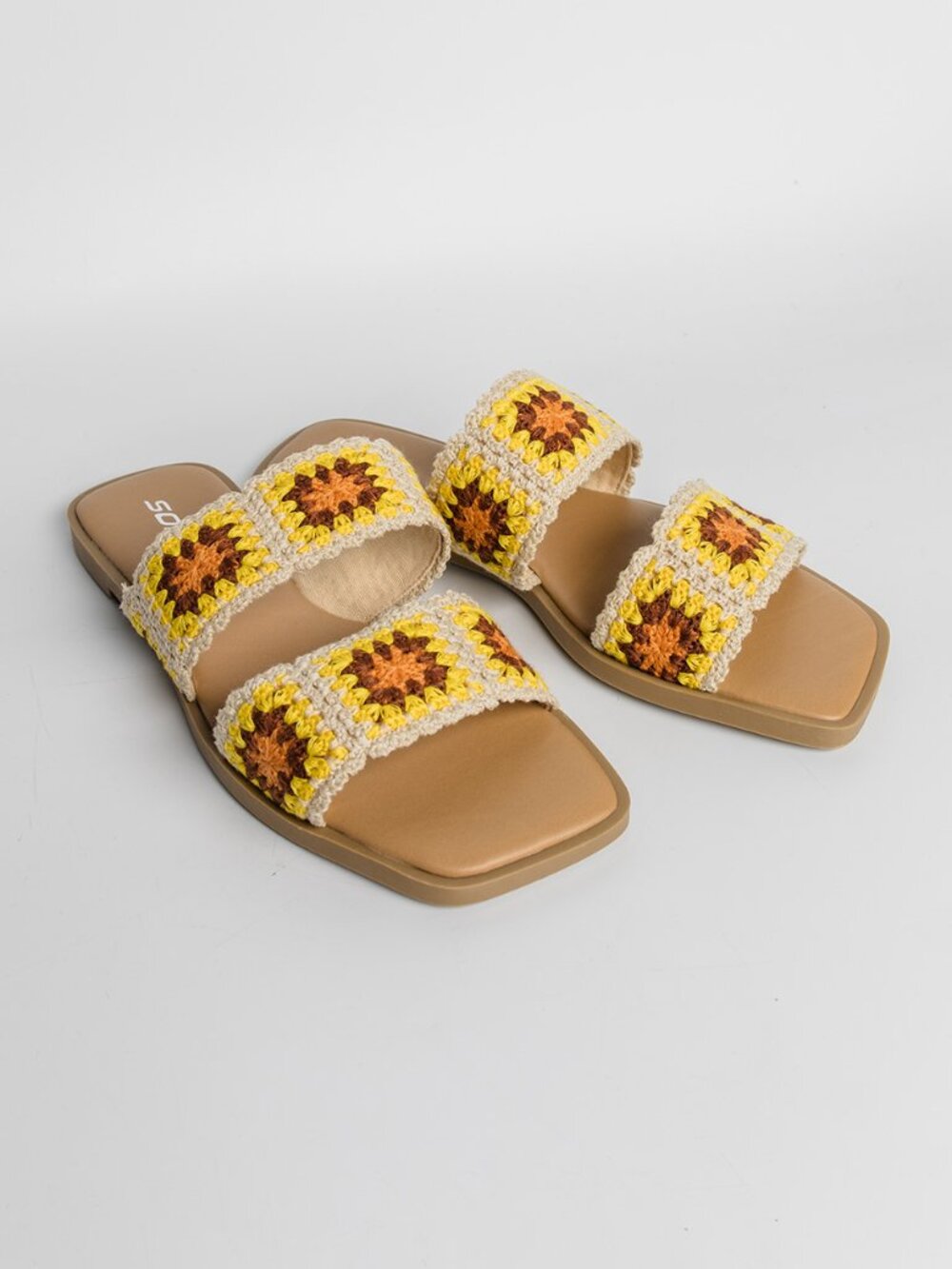 Soda Floral Crochet Square Toe Slip-On Sandals